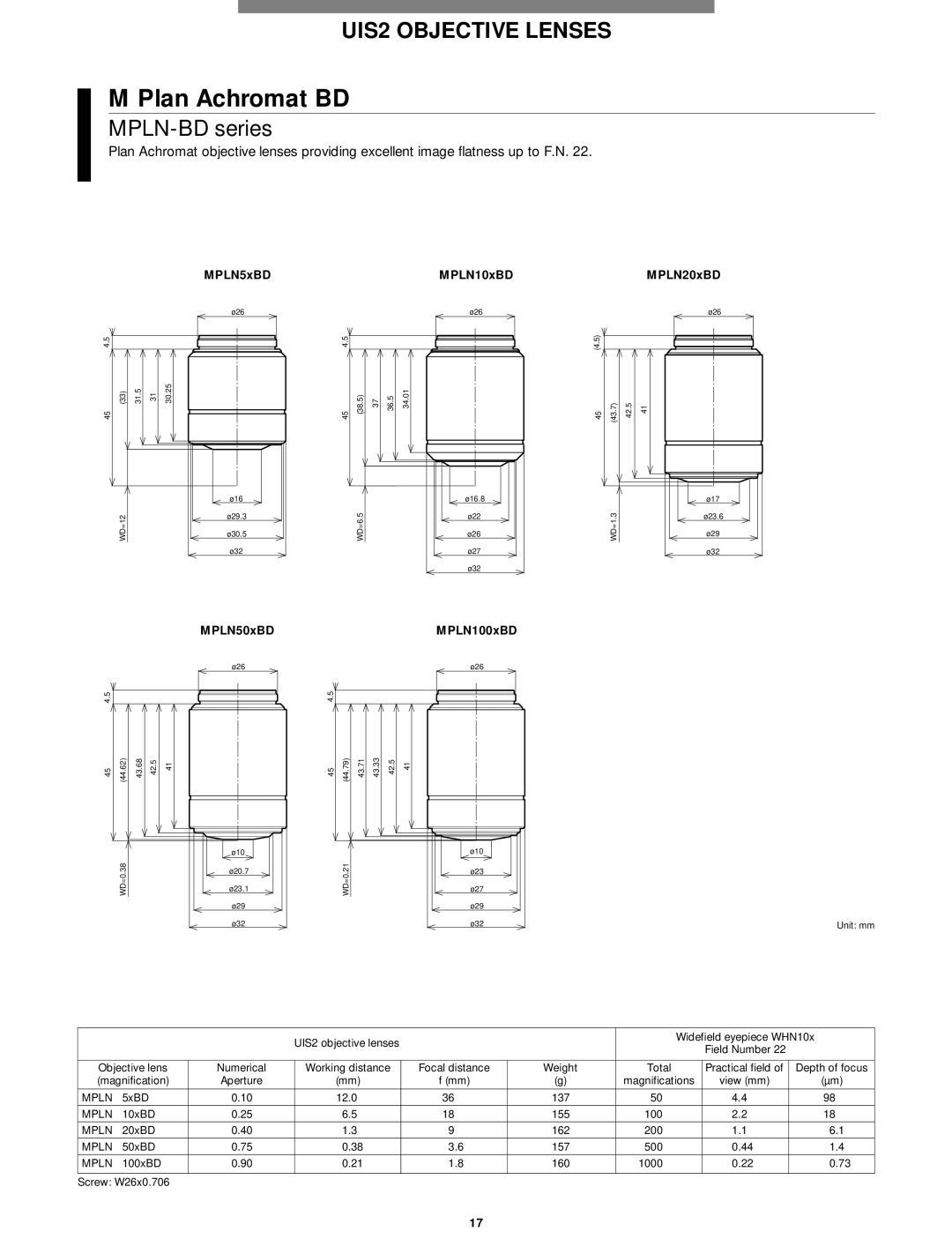 Olympus Microscope manual Plan Achromat BD, MPLN-BD series 