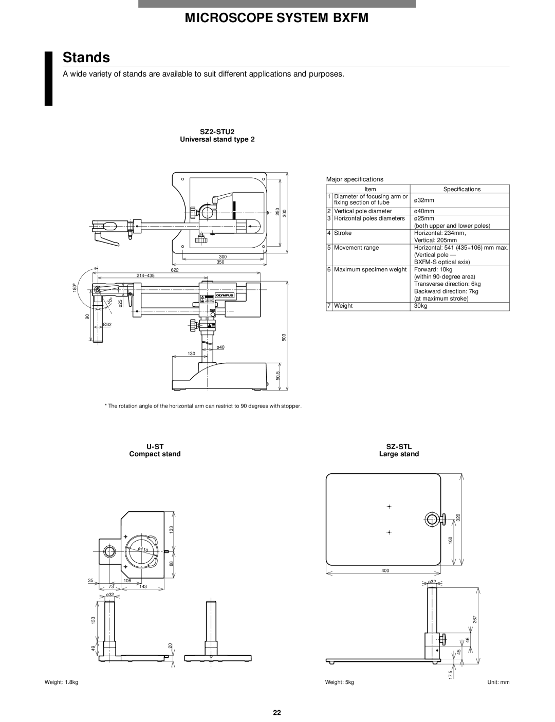 Olympus Microscope manual Stands, SZ2-STU2, Universal stand type, Sz-Stl, Compact stand Large stand 