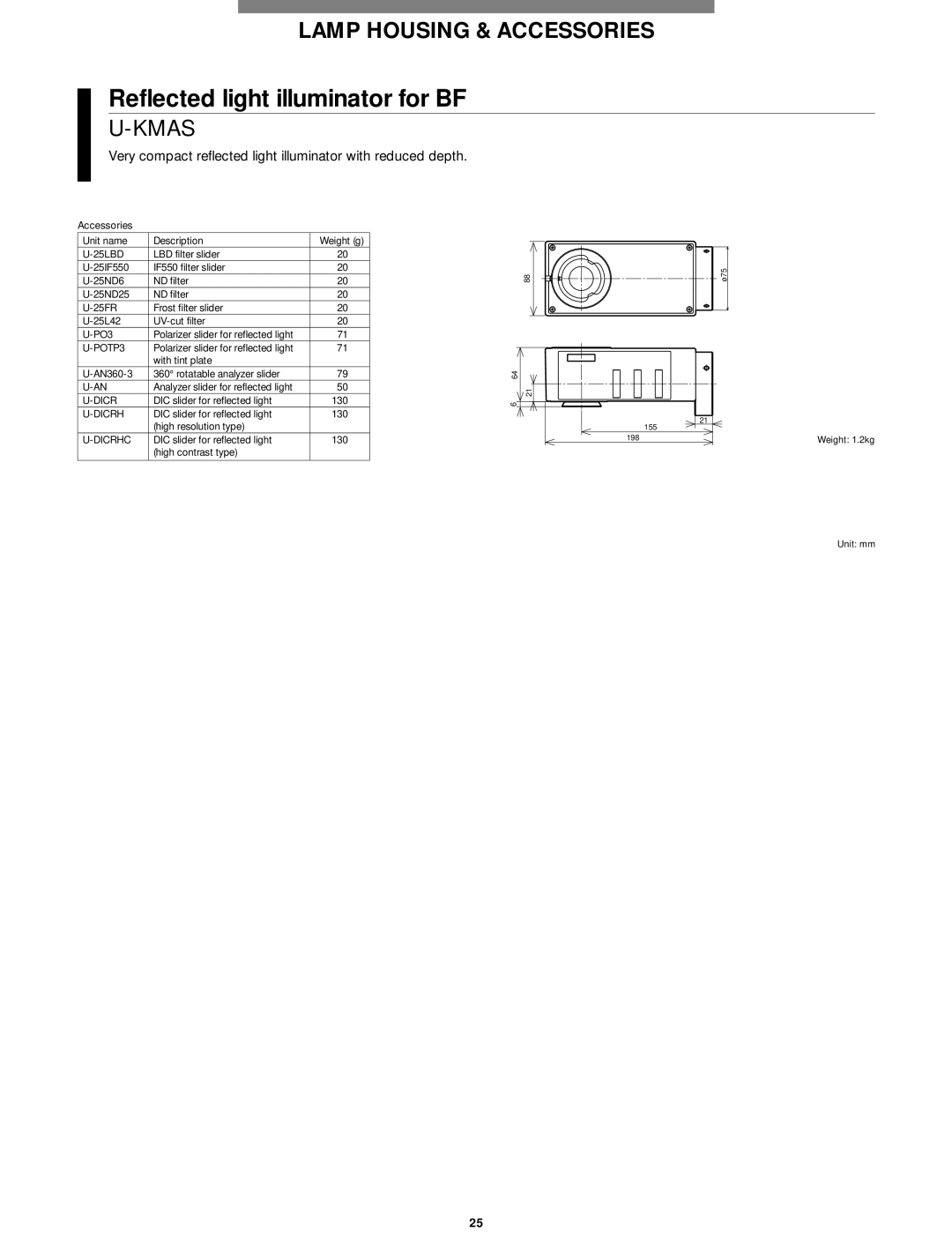 Olympus Microscope Reflected light illuminator for BF, Kmas, Very compact reflected light illuminator with reduced depth 