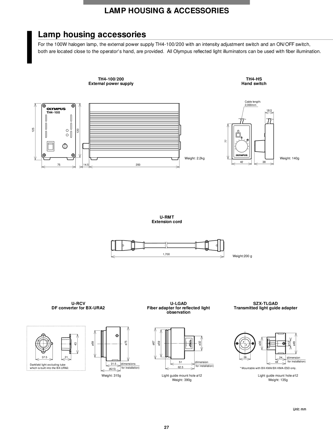 Olympus Microscope manual Lamp housing accessories, TH4-HS, Rmt, RCV Lgad SZX-TLGAD 