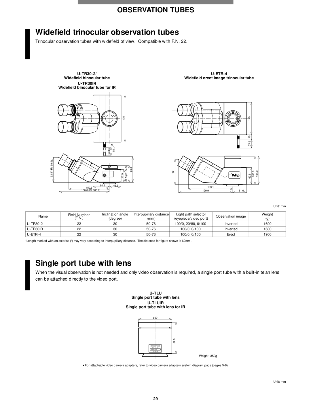 Olympus Microscope manual Widefield trinocular observation tubes, Single port tube with lens, TR30IR, Tluir 