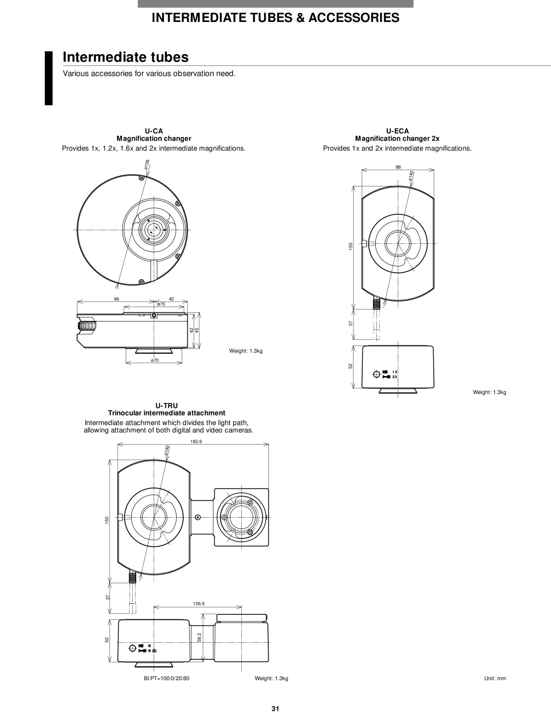 Olympus Microscope manual Intermediate tubes, Various accessories for various observation need, Eca, Tru 