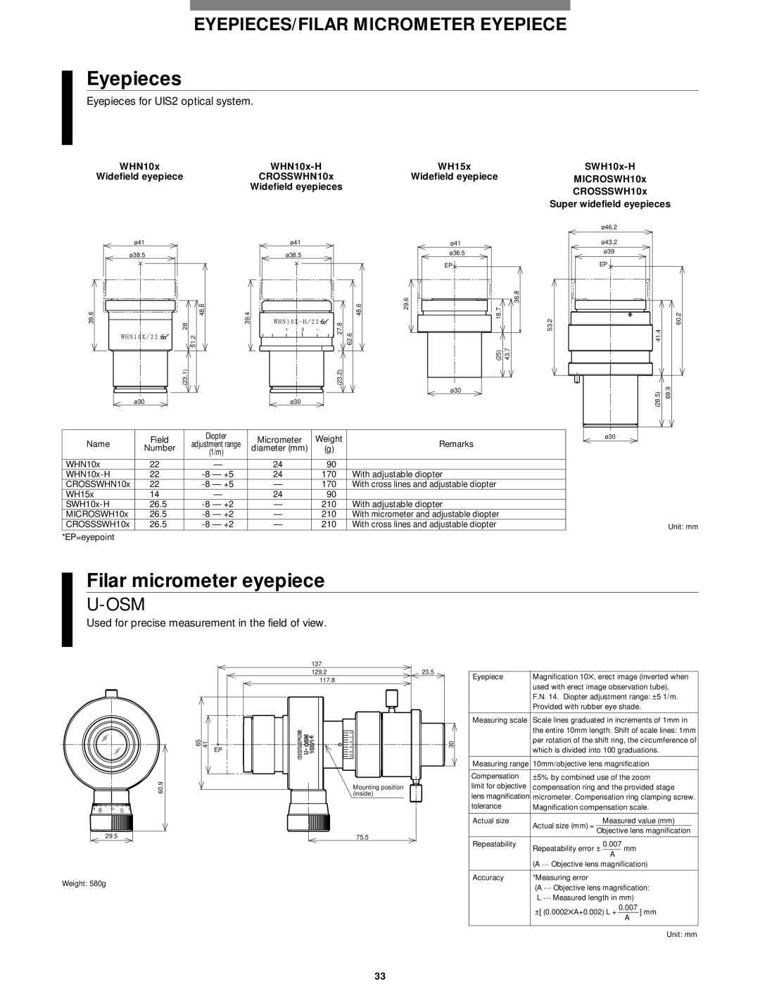 Olympus Microscope manual Filar micrometer eyepiece, Osm, Eyepieces for UIS2 optical system 