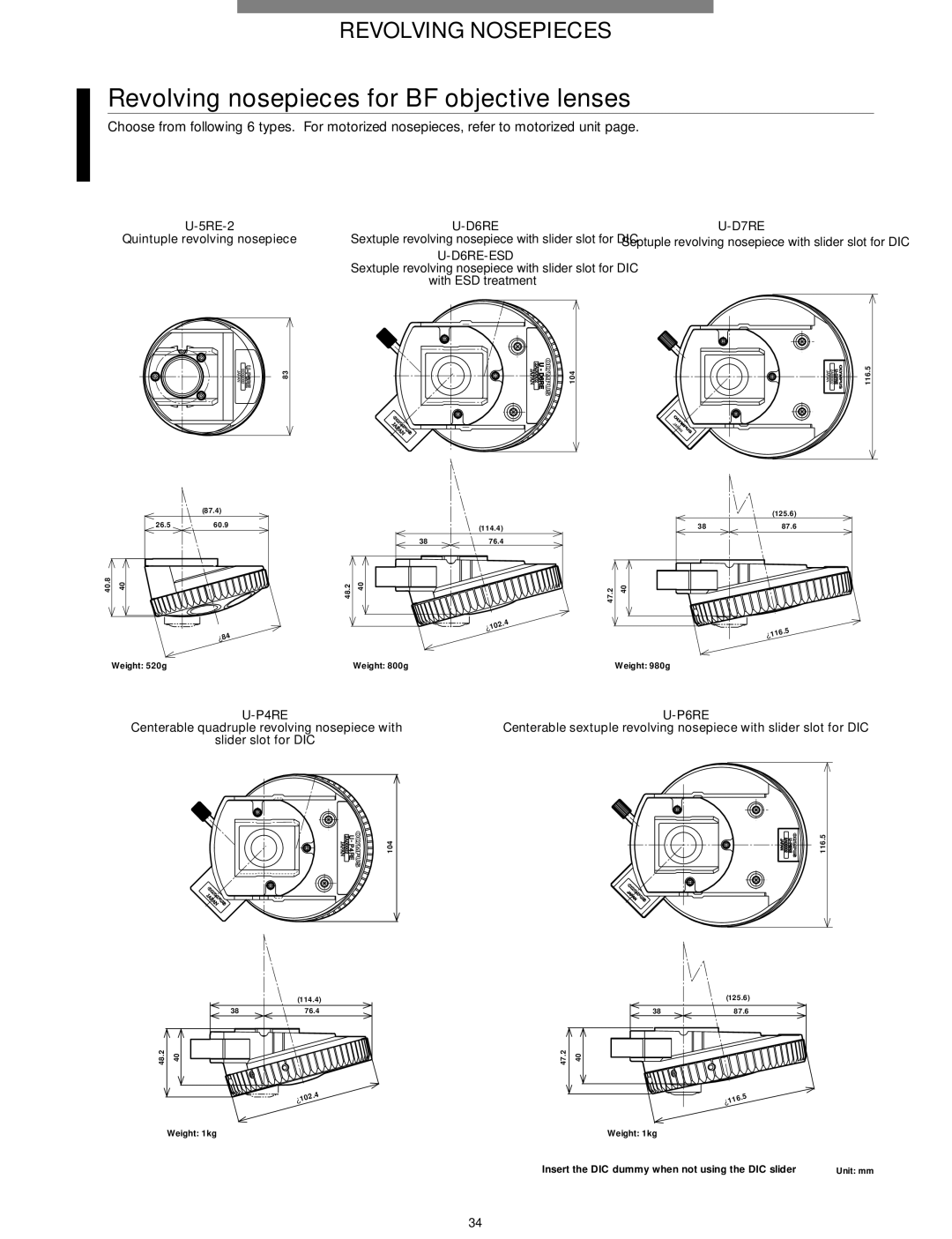 Olympus Microscope manual Revolving nosepieces for BF objective lenses, D6RE D7RE, D6RE-ESD, P4RE, P6RE 