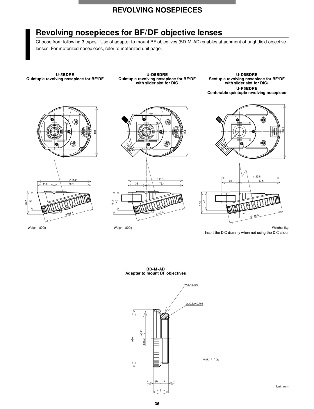 Olympus Microscope manual Revolving nosepieces for BF/DF objective lenses, 5BDRE D5BDRE D6BDRE, P5BDRE, Bd-M-Ad 