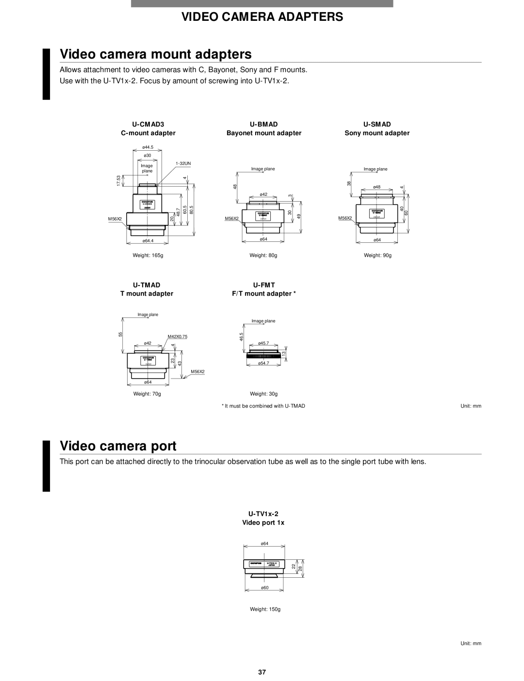 Olympus Microscope manual Video camera mount adapters, Video camera port, CMAD3 Bmad, Tmad FMT, Smad 