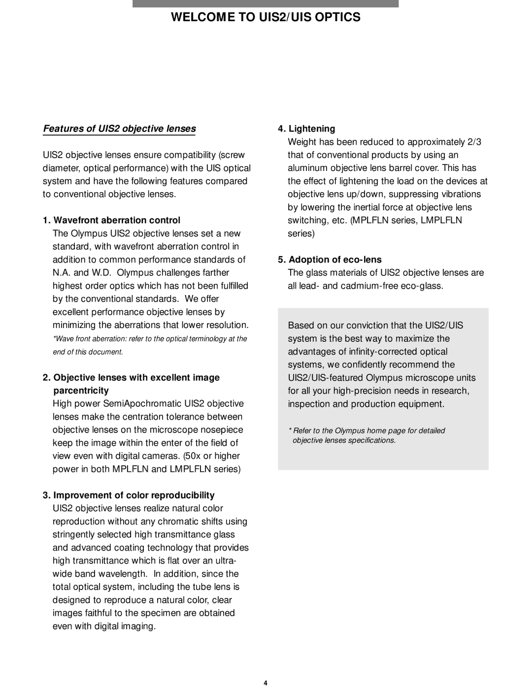 Olympus Microscope manual Features of UIS2 objective lenses 