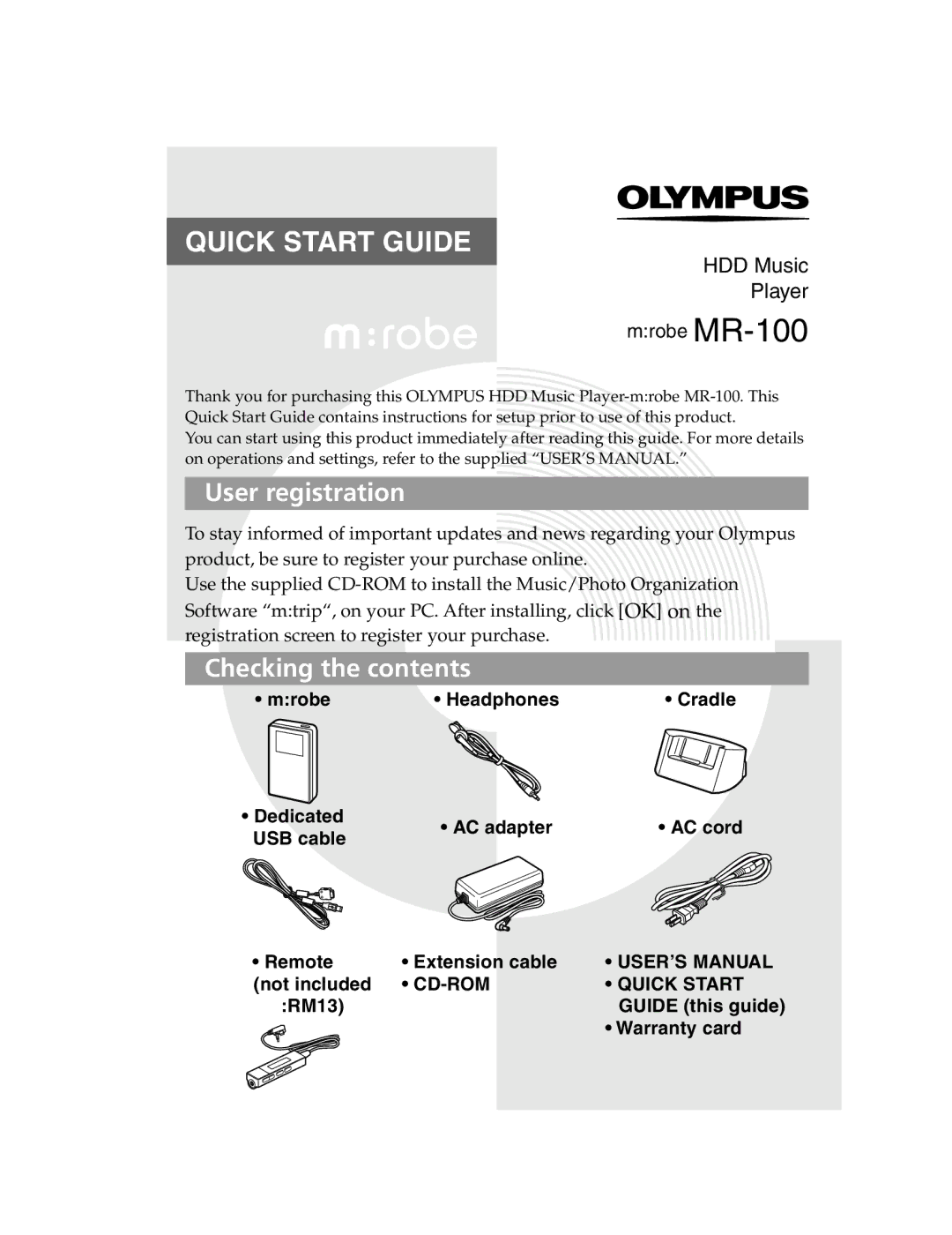 Olympus MR-100 quick start User registration, Checking the contents 