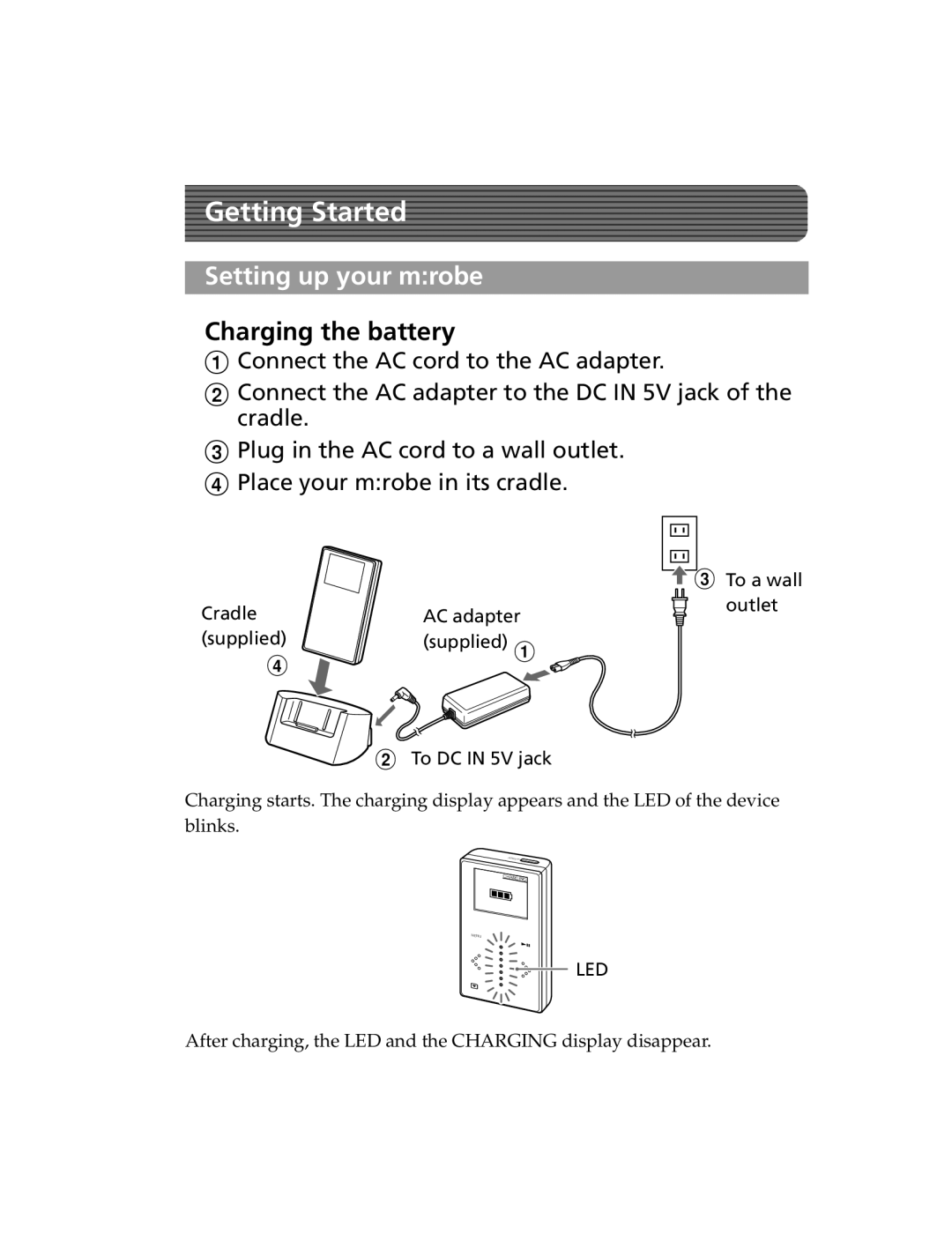 Olympus MR-100 quick start Getting Started, Setting up your mrobe, Charging the battery, To a wall 