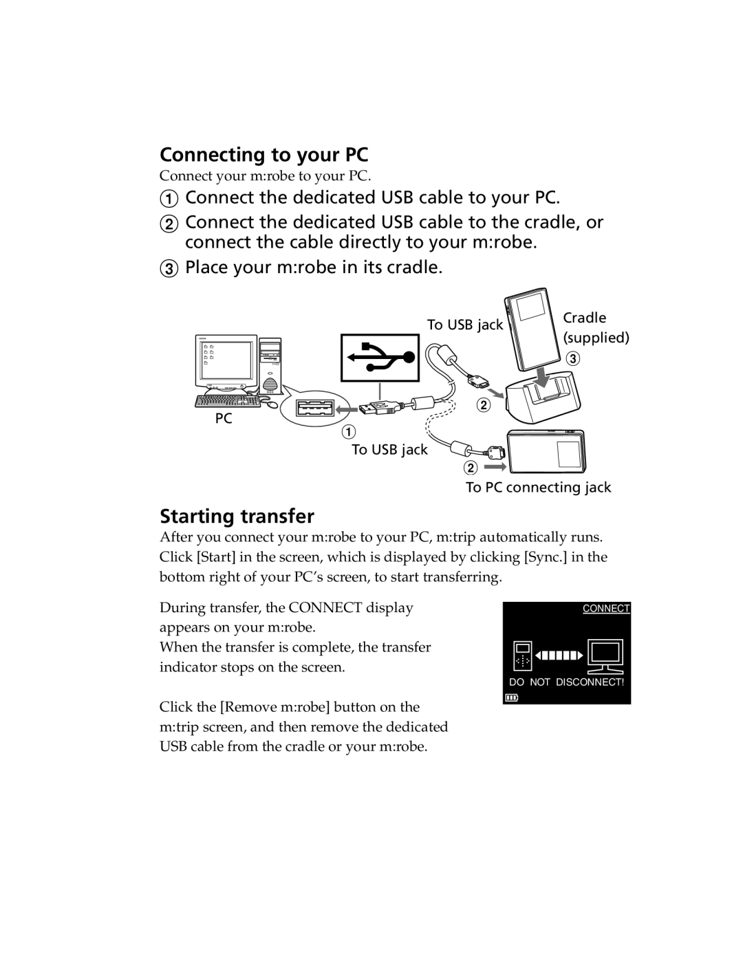 Olympus MR-100 quick start Connecting to your PC, Starting transfer, To USB jack Cradle Supplied To PC connecting jack 