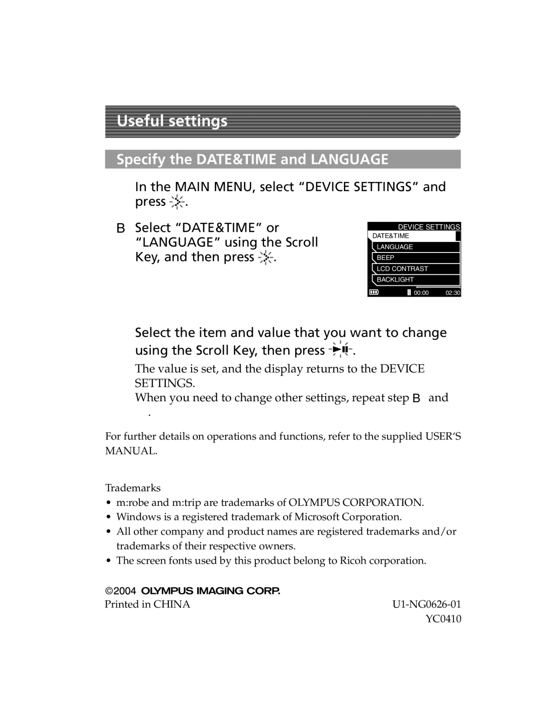 Olympus MR-100 quick start Useful settings, Specify the DATE&TIME and Language 