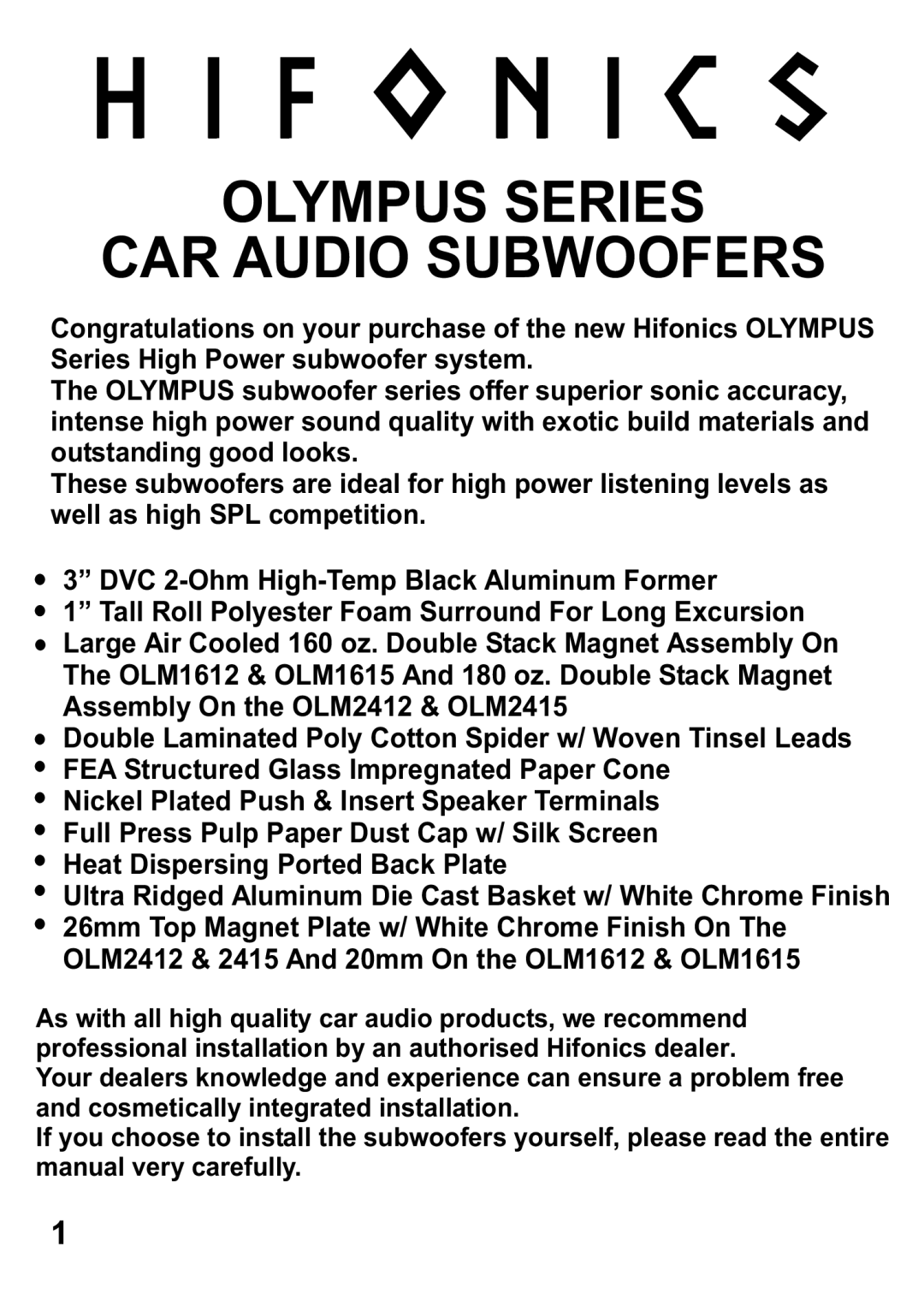 Olympus OLM1612, OLM2412, OLM1615, OLM2415 manual Olympus Series CAR Audio Subwoofers 