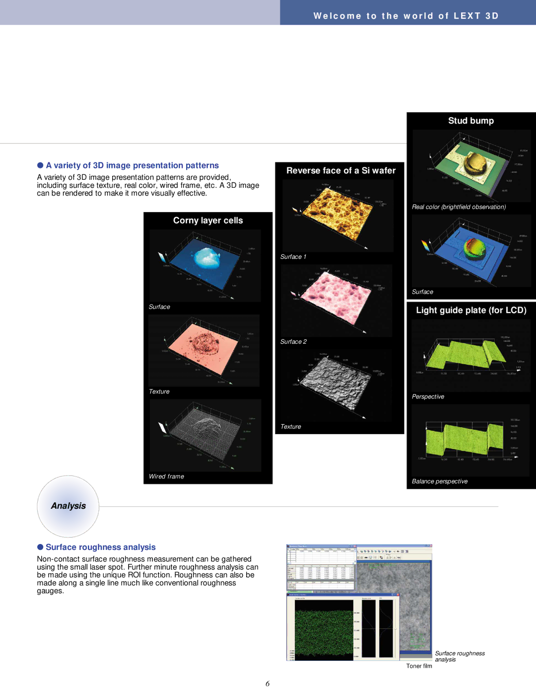 Olympus OLS3100 manual Variety of 3D image presentation patterns, Surface roughness analysis 