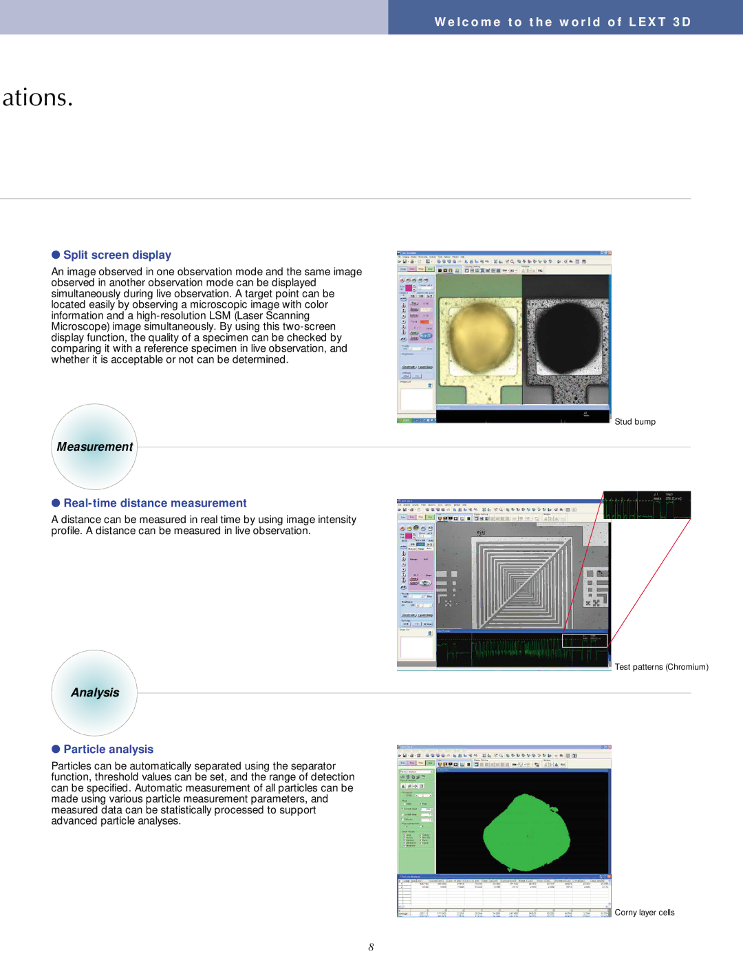 Olympus OLS3100 manual Ations, Split screen display, Real-time distance measurement, Particle analysis 