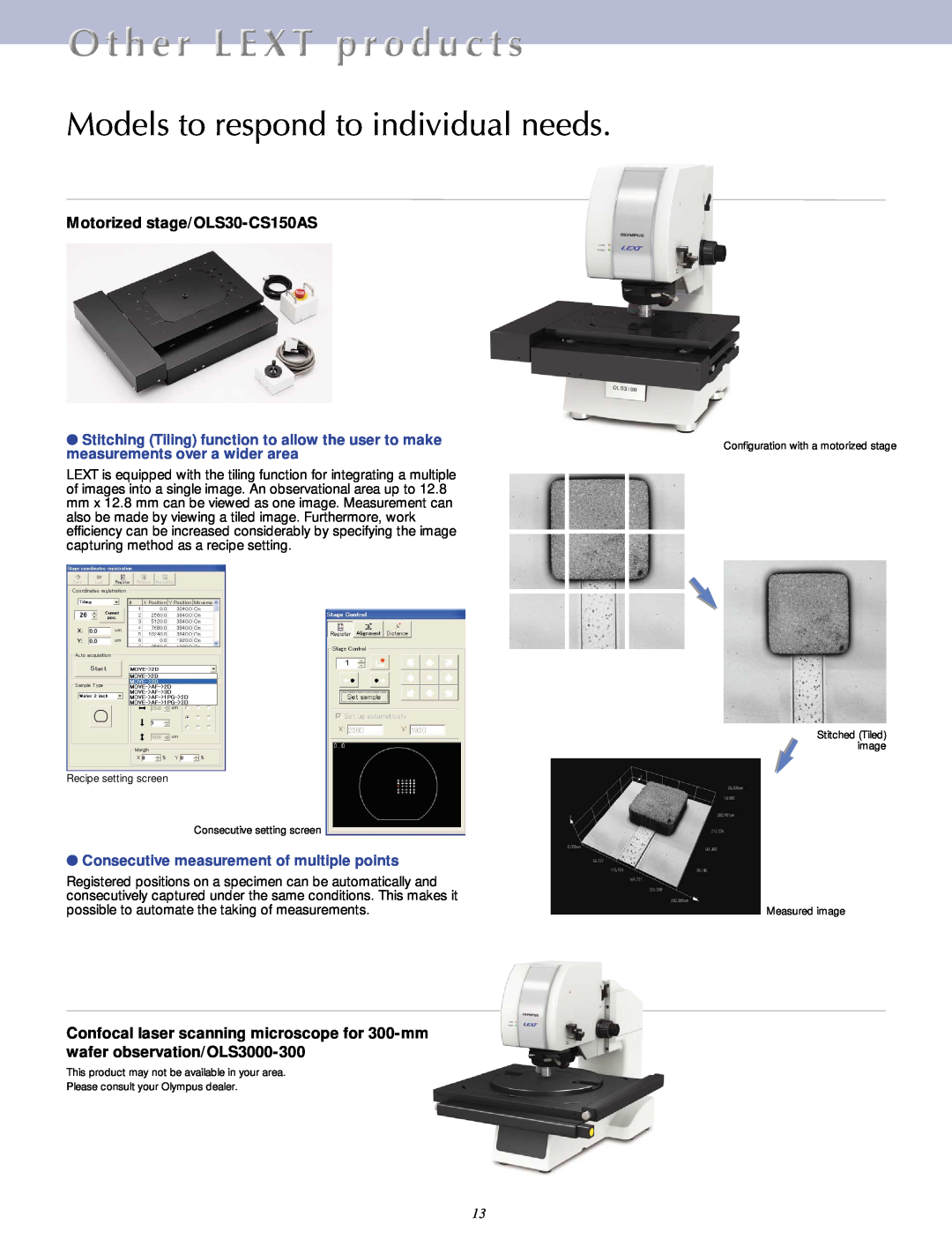Olympus OLS3100 manual Models to respond to individual needs, Motorized stage/OLS30-CS150AS 