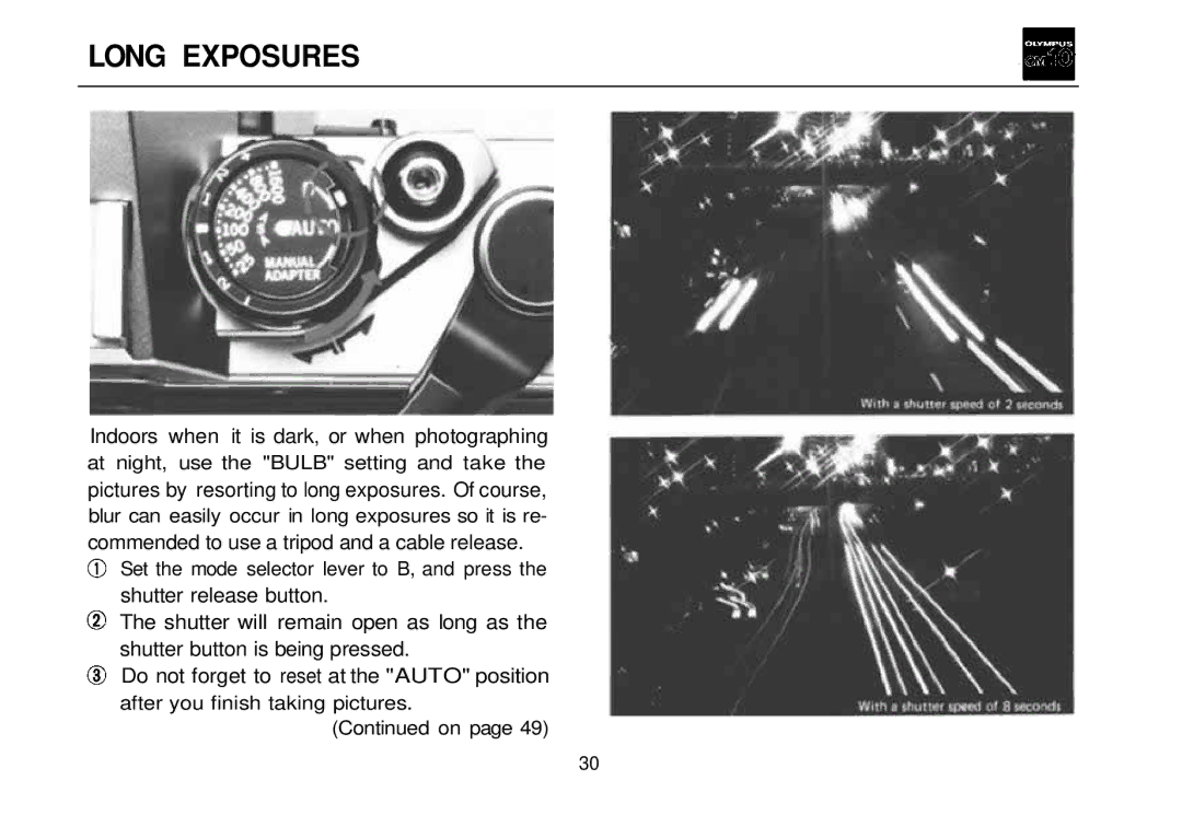 Olympus OM-10 manual Long Exposures 