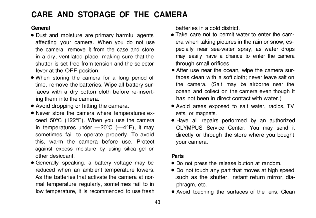 Olympus OM-10 manual Care and Storage of the Camera, General, Parts 