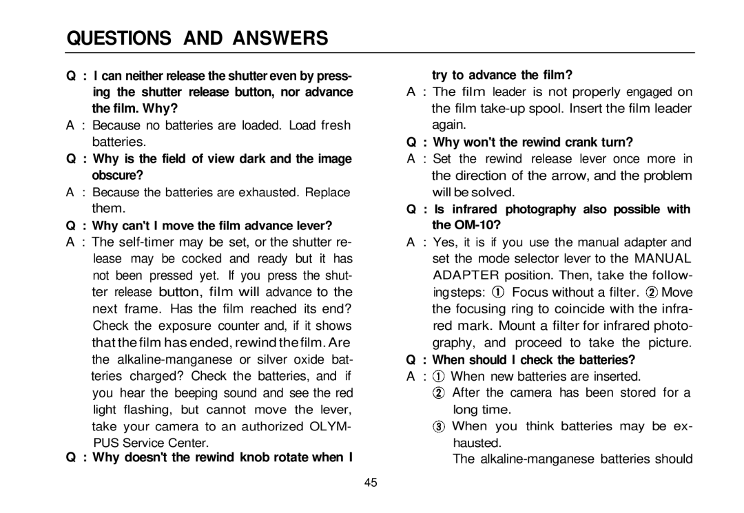 Olympus OM-10 Questions and Answers, Why is the field of view dark and the image obscure?, Why wont the rewind crank turn? 