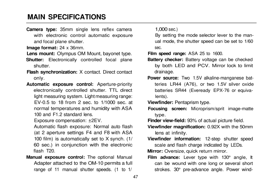 Olympus OM-10 manual Main Specifications 