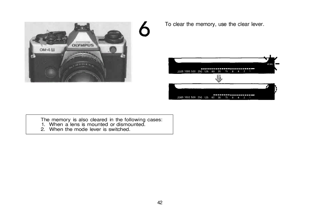 Olympus 101200, om-4t manual To clear the memory, use the clear lever 