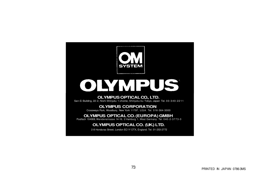 Olympus om-4t, 101200 manual Olympus Corporation 