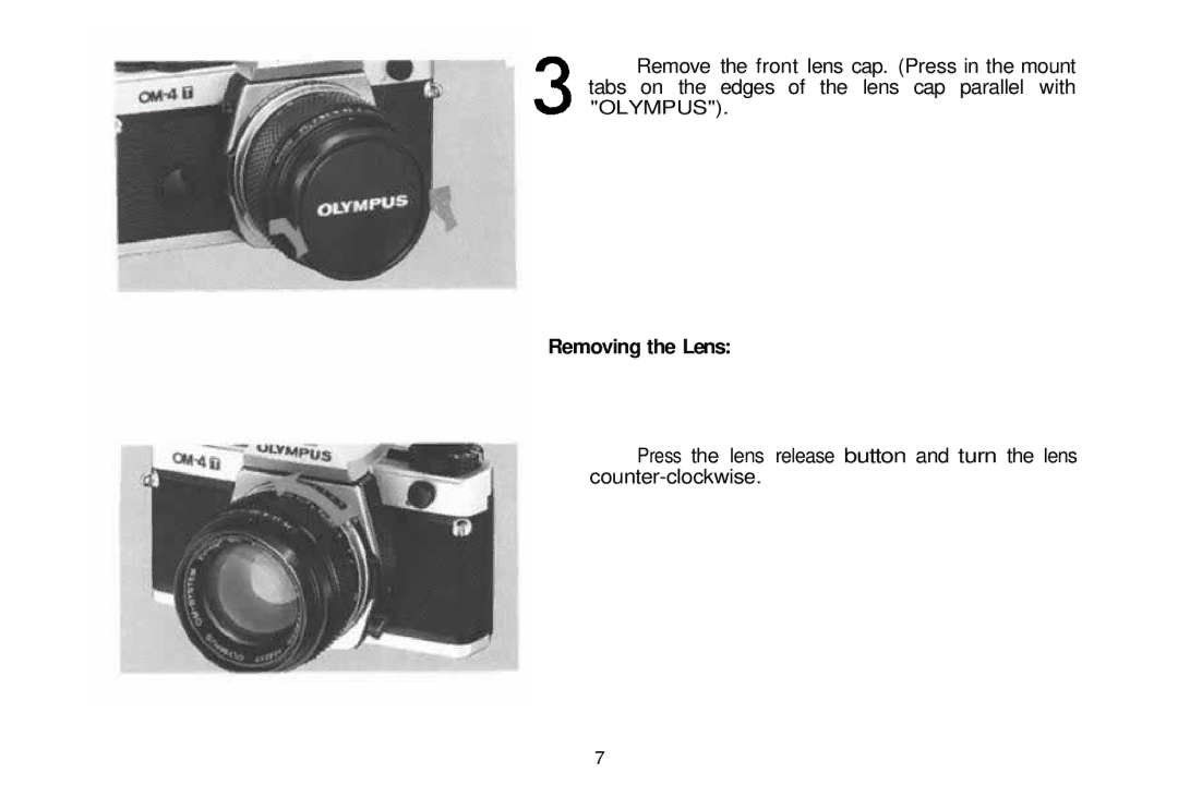 Olympus om-4t, 101200 manual Removing the Lens 