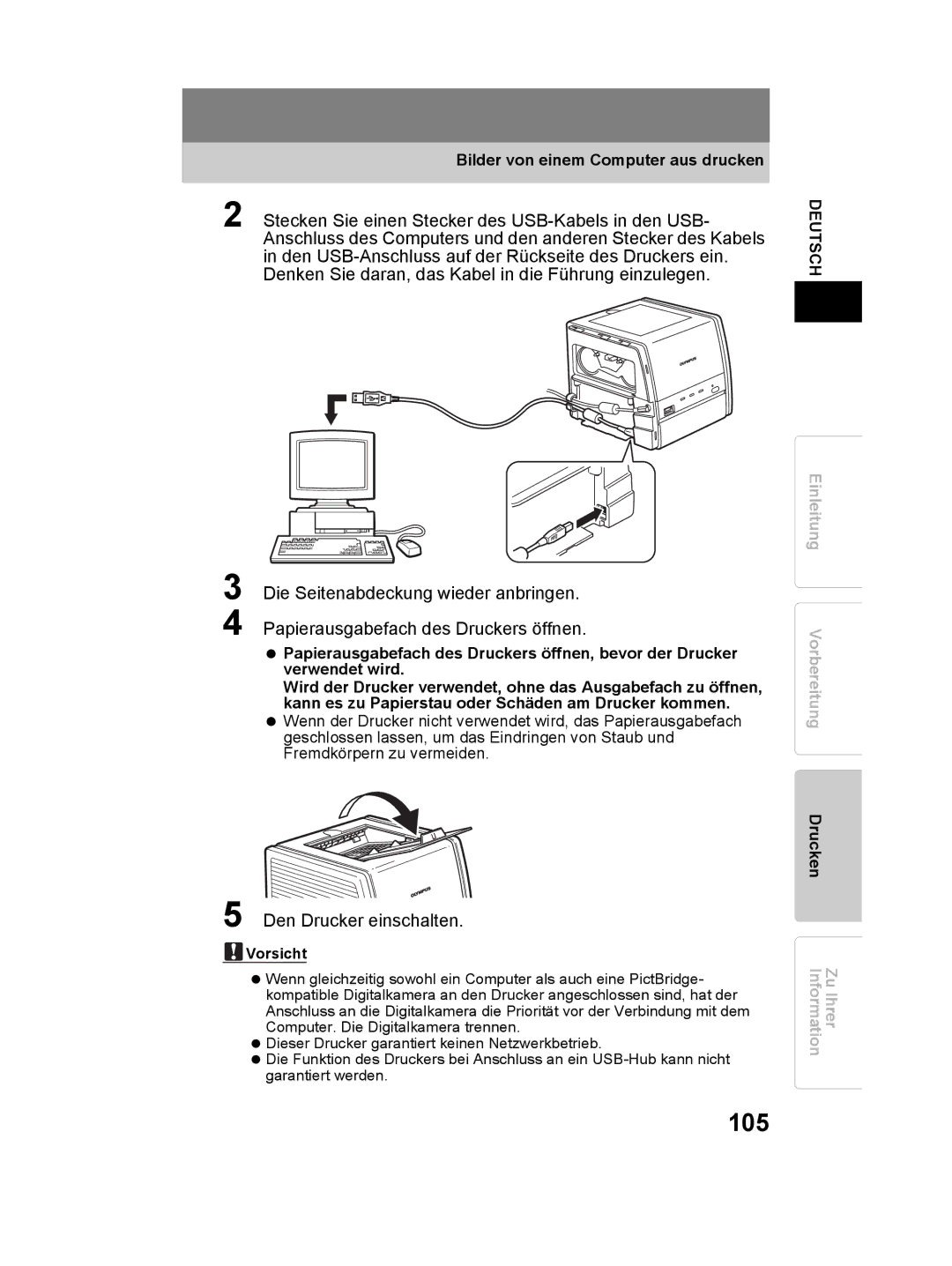 Olympus P-11 instruction manual 105, Den Drucker einschalten, Bilder von einem Computer aus drucken 