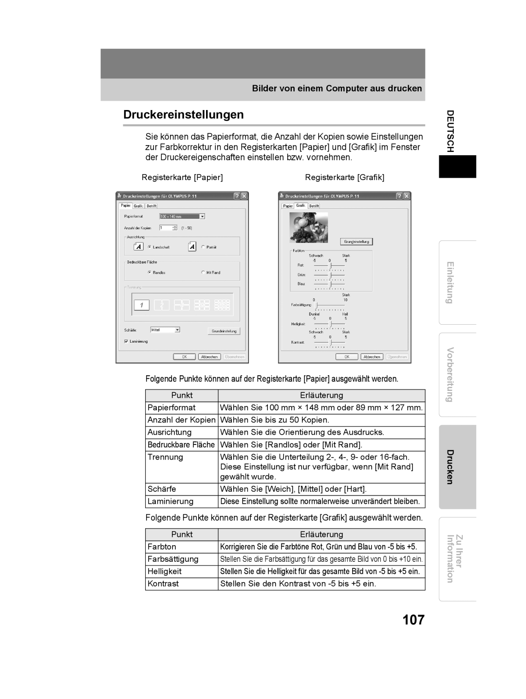 Olympus P-11 instruction manual 107, Druckereinstellungen 