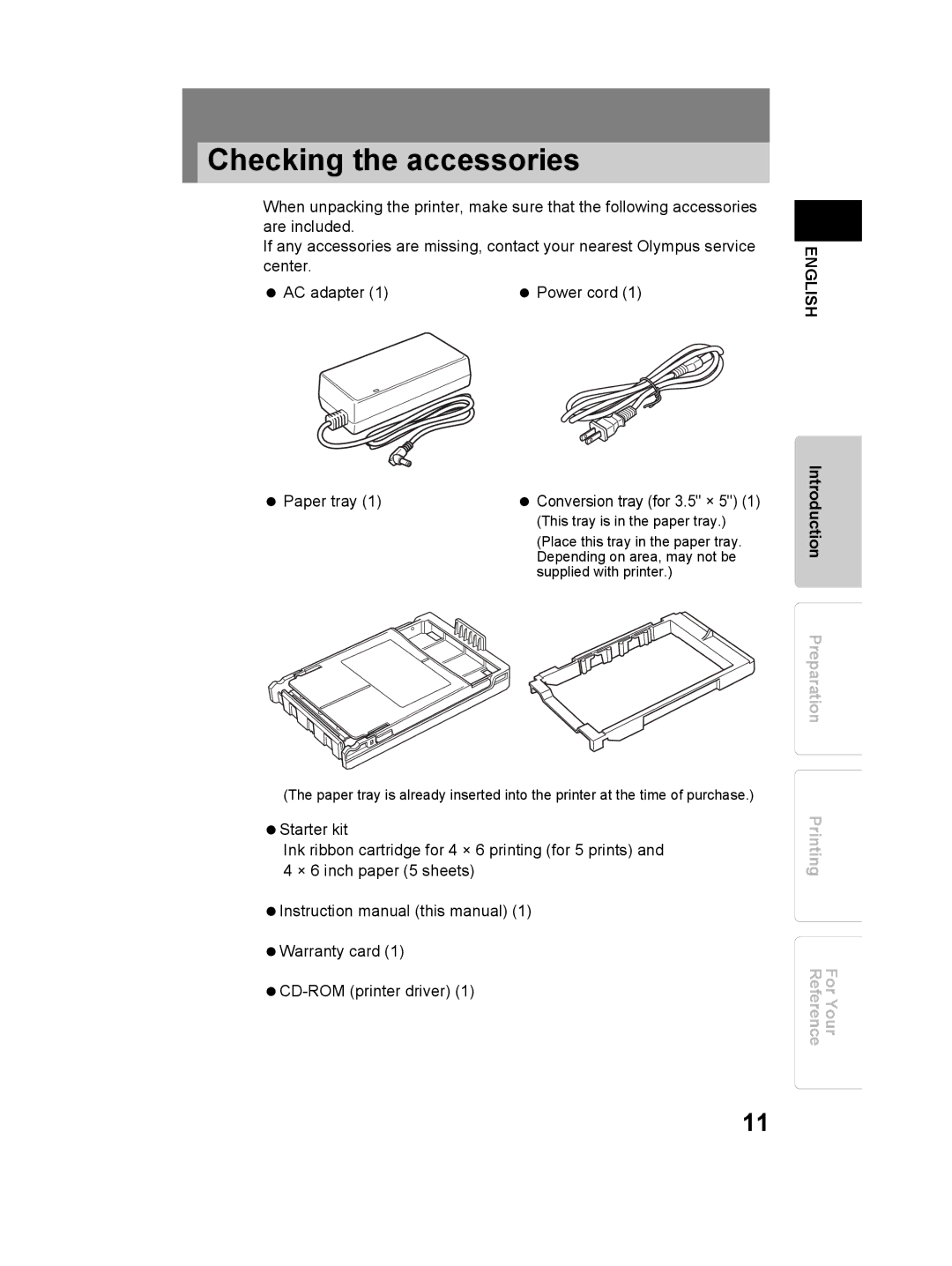 Olympus P-11 instruction manual Checking the accessories, Paper tray 