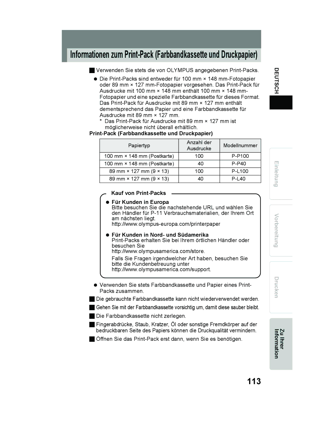 Olympus P-11 113, Print-Pack Farbbandkassette und Druckpapier, Öffnen Sie das Print-Pack erst dann, wenn Sie es benötigen 