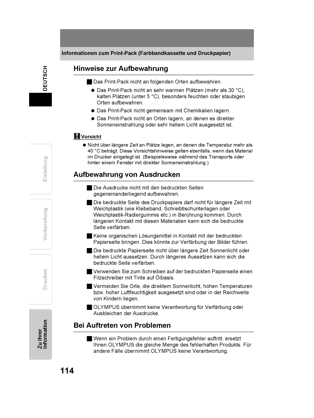 Olympus P-11 instruction manual 114, Hinweise zur Aufbewahrung, Aufbewahrung von Ausdrucken, Bei Auftreten von Problemen 