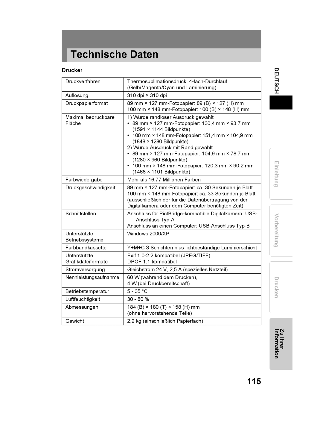 Olympus P-11 instruction manual Technische Daten, 115, Drucker 