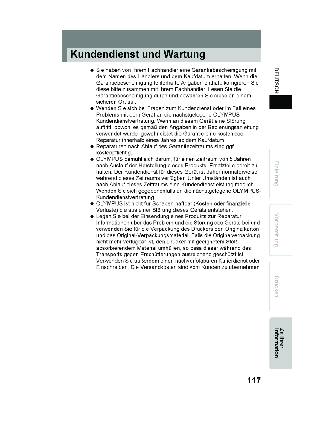 Olympus P-11 instruction manual Kundendienst und Wartung, 117 