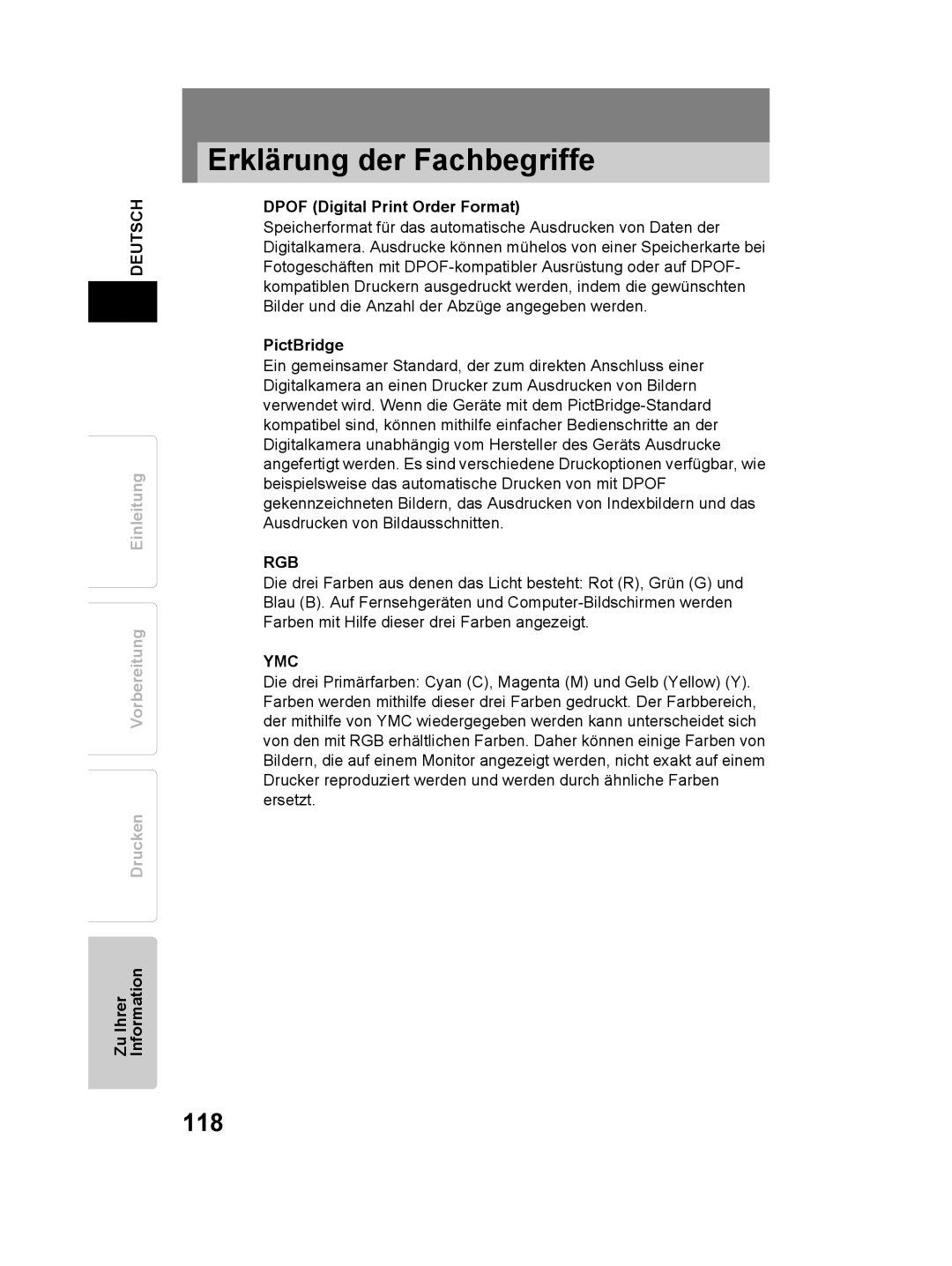 Olympus P-11 instruction manual Erklärung der Fachbegriffe, 118 