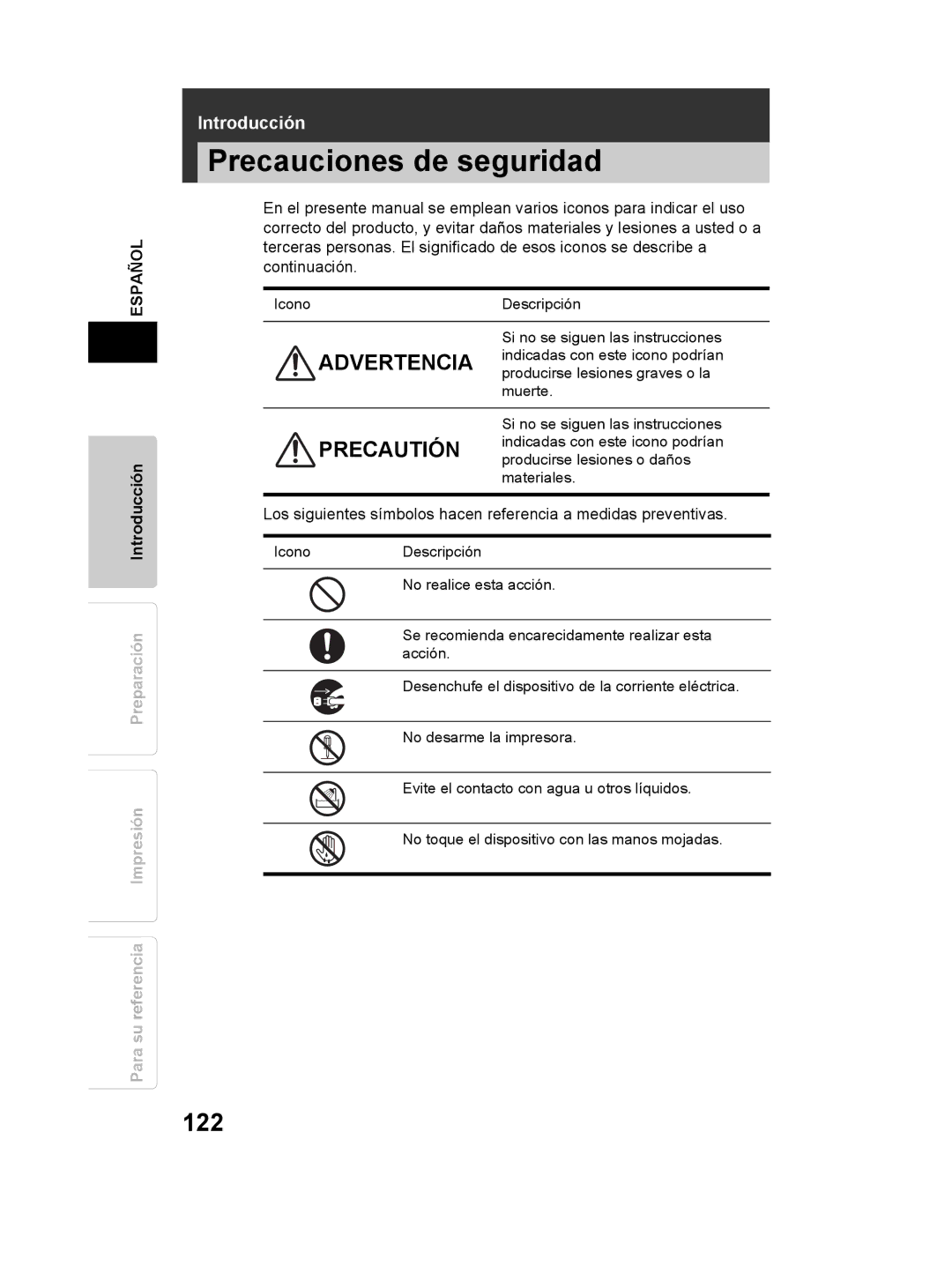 Olympus P-11 instruction manual Precauciones de seguridad, 122 