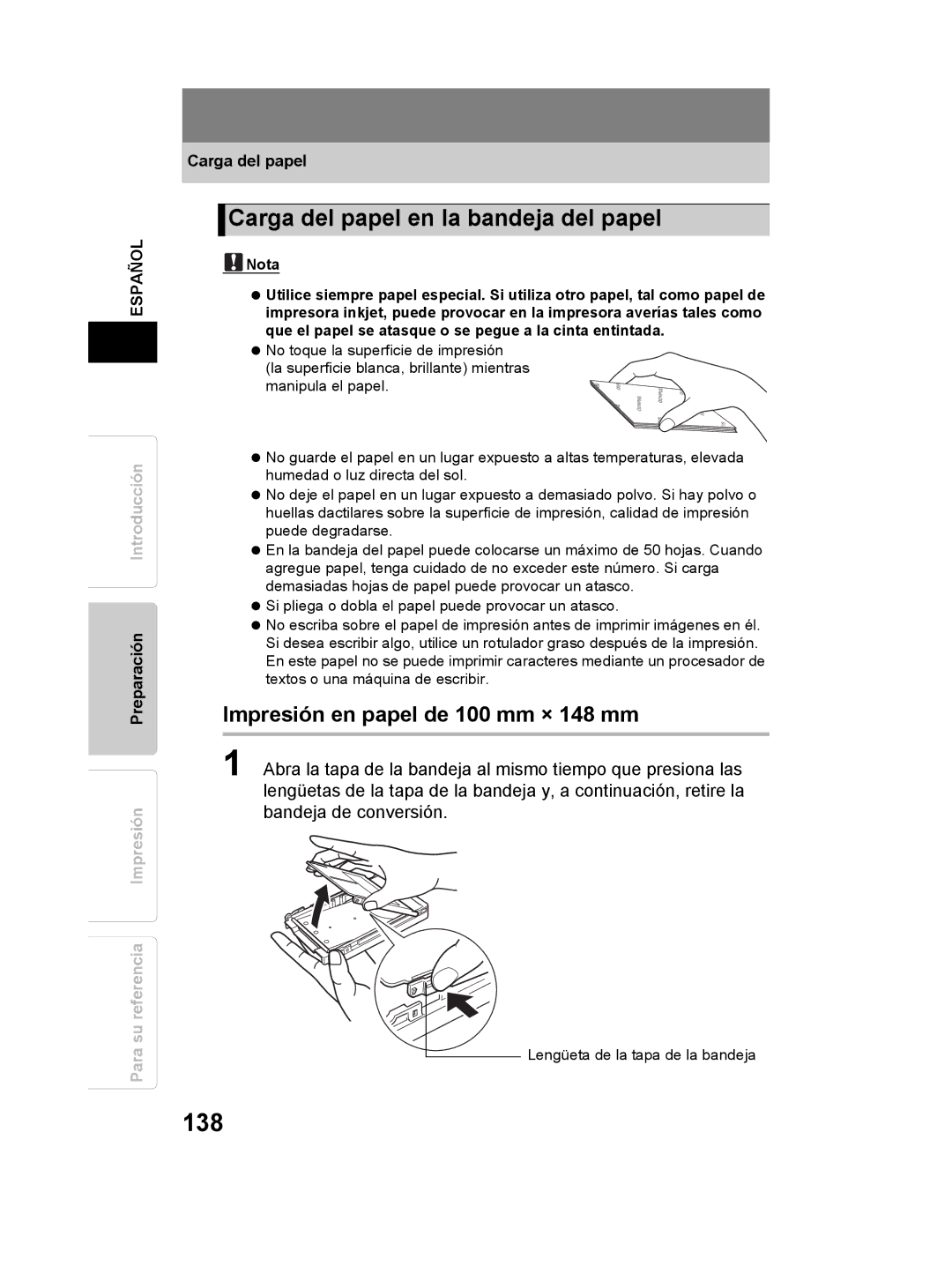 Olympus P-11 instruction manual 138, Carga del papel en la bandeja del papel, Impresión en papel de 100 mm × 148 mm 