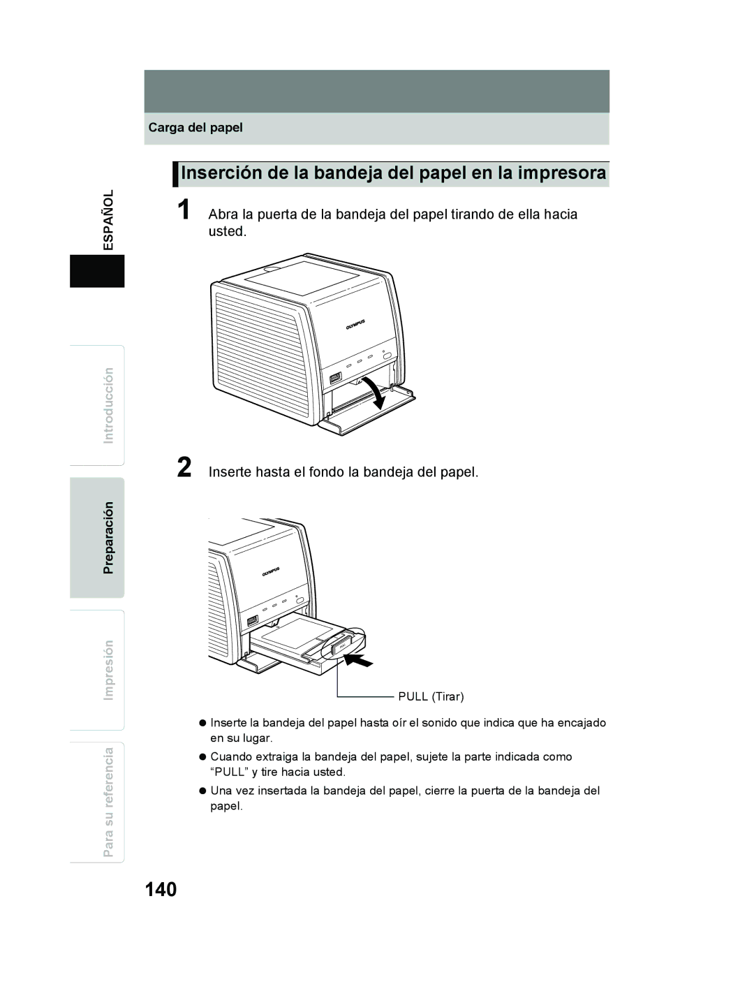 Olympus P-11 instruction manual 140, Inserción de la bandeja del papel en la impresora 