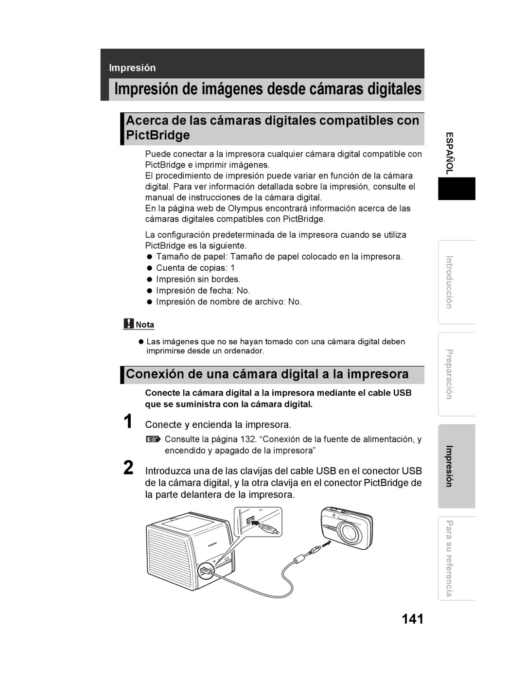 Olympus P-11 Impresión de imágenes desde cámaras digitales, 141, Conexión de una cámara digital a la impresora 
