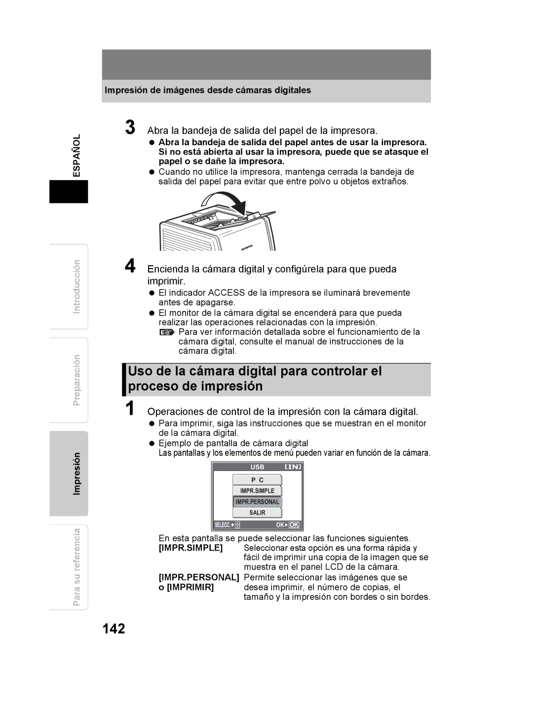 Olympus P-11 142, Abra la bandeja de salida del papel de la impresora, Impresión de imágenes desde cámaras digitales 