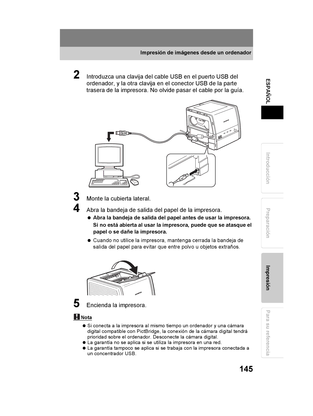 Olympus P-11 instruction manual 145, Encienda la impresora, Impresión de imágenes desde un ordenador 