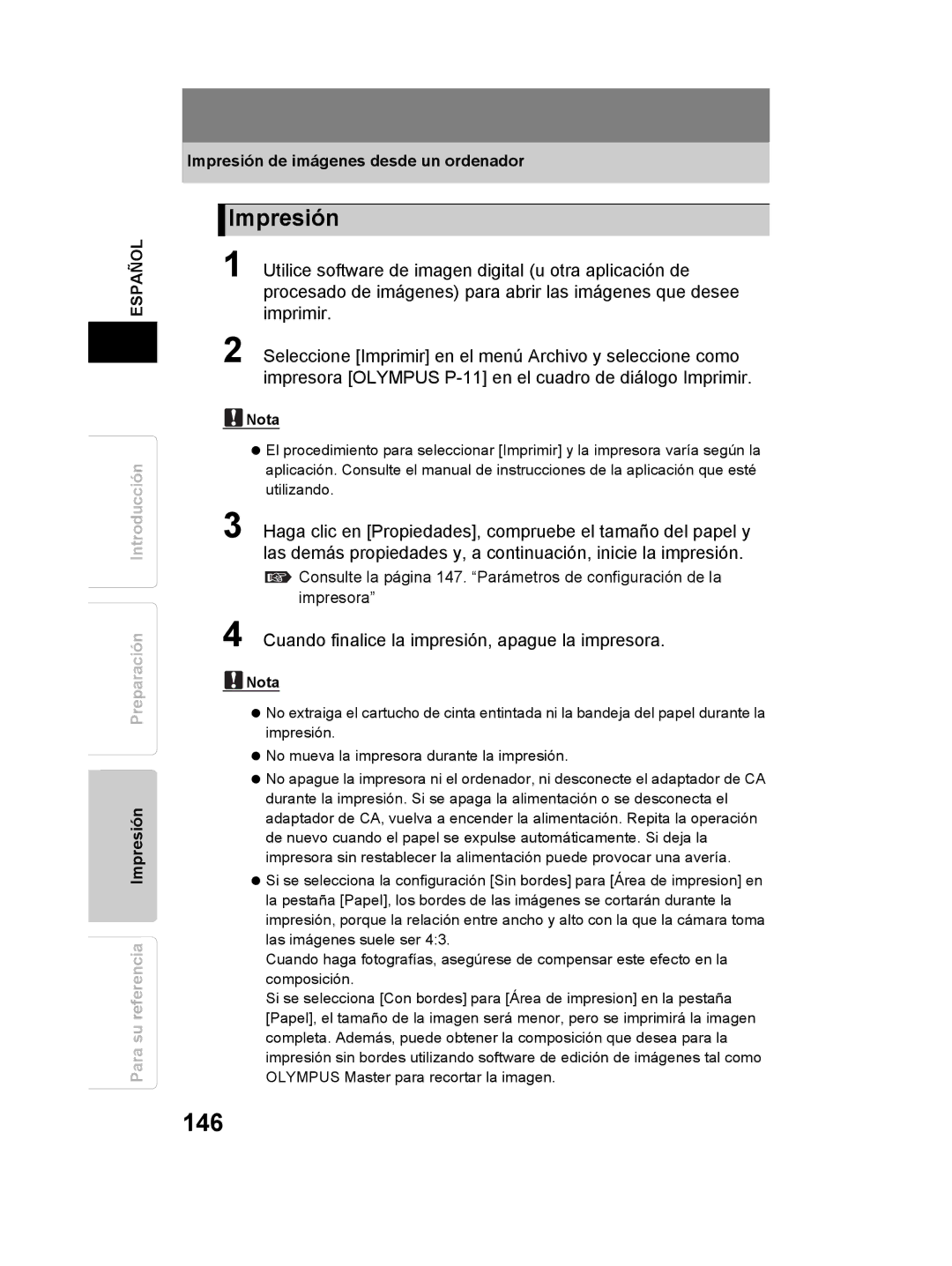 Olympus P-11 instruction manual 146, Impresión, Cuando finalice la impresión, apague la impresora 