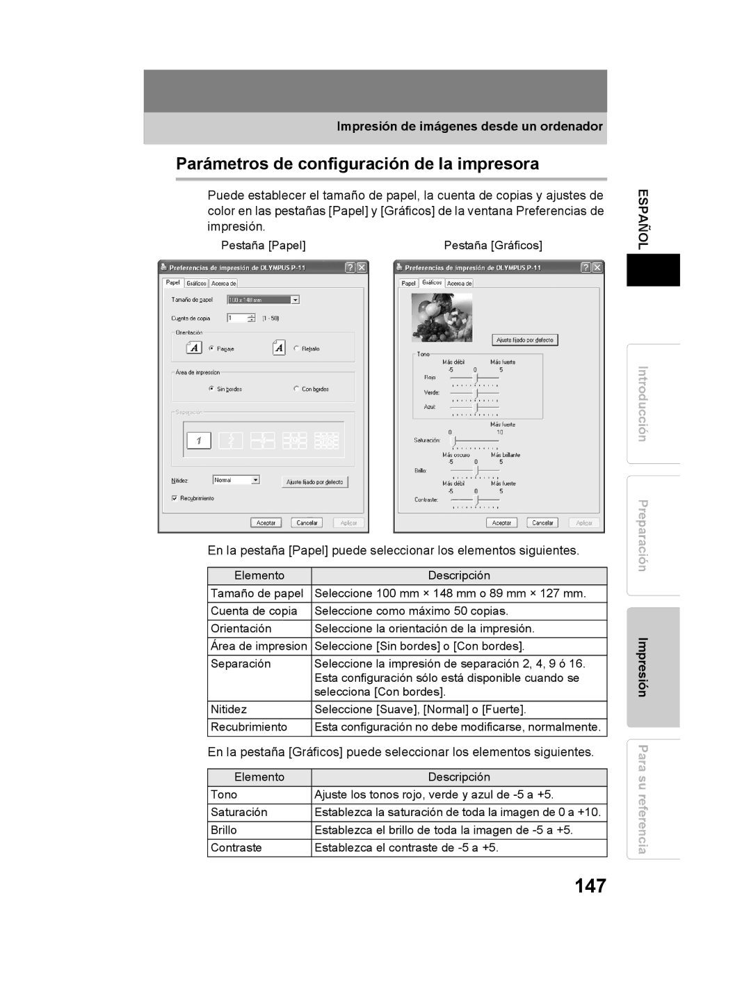 Olympus P-11 instruction manual 147, Parámetros de configuración de la impresora 