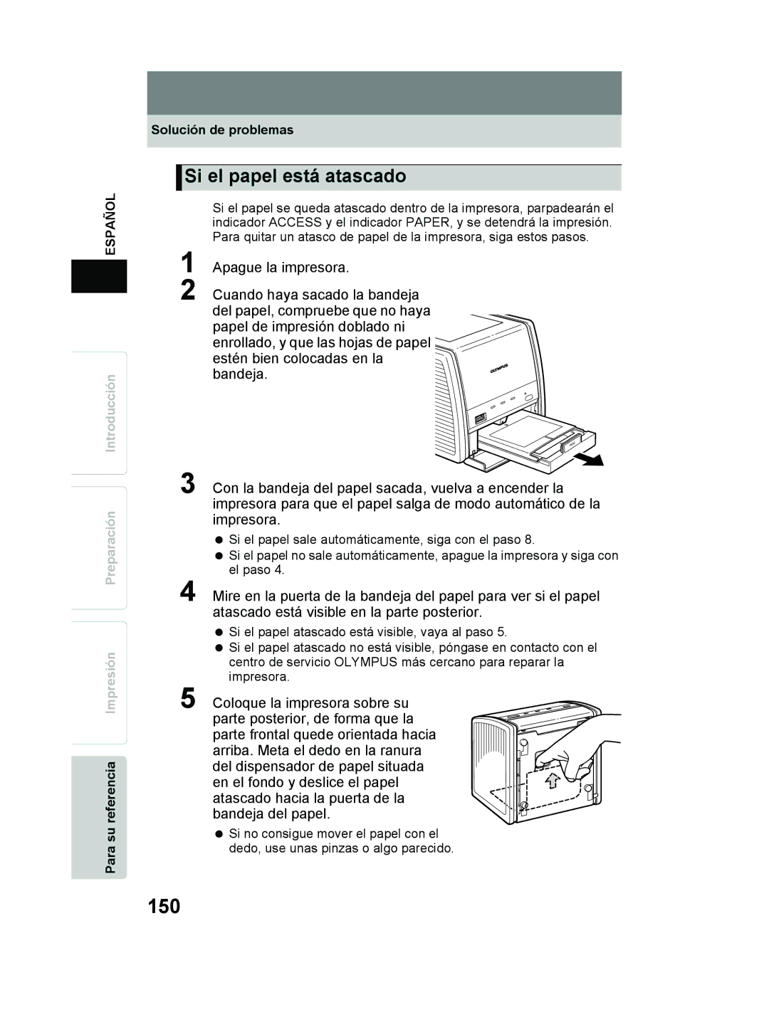 Olympus P-11 instruction manual 150, Si el papel está atascado, Para su referencia Impresión Solución de problemas 