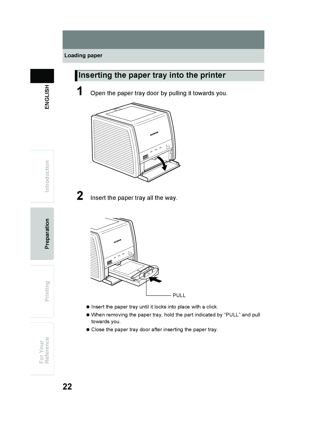 Olympus P-11 instruction manual Inserting the paper tray into the printer 