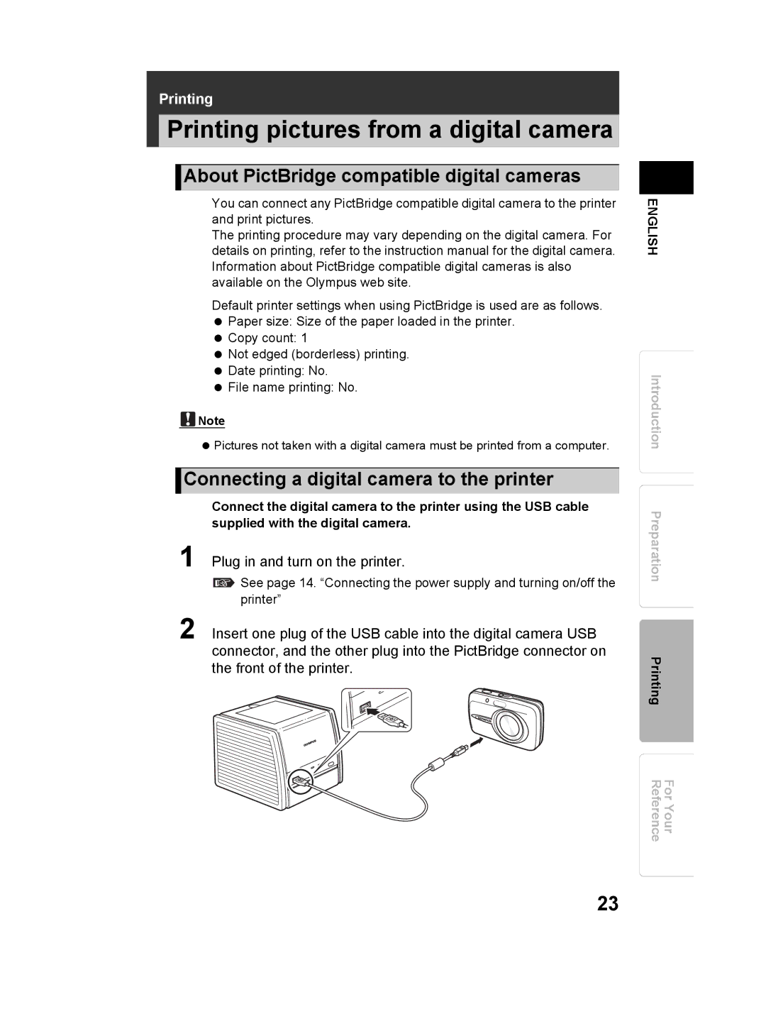 Olympus P-11 instruction manual Printing pictures from a digital camera, About PictBridge compatible digital cameras 