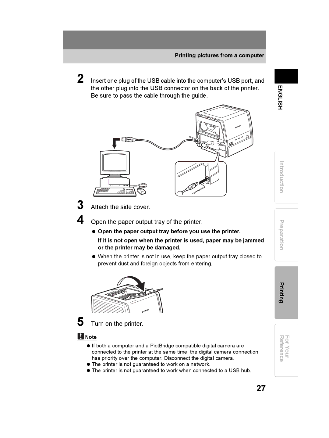 Olympus P-11 instruction manual Turn on the printer, Printing pictures from a computer 