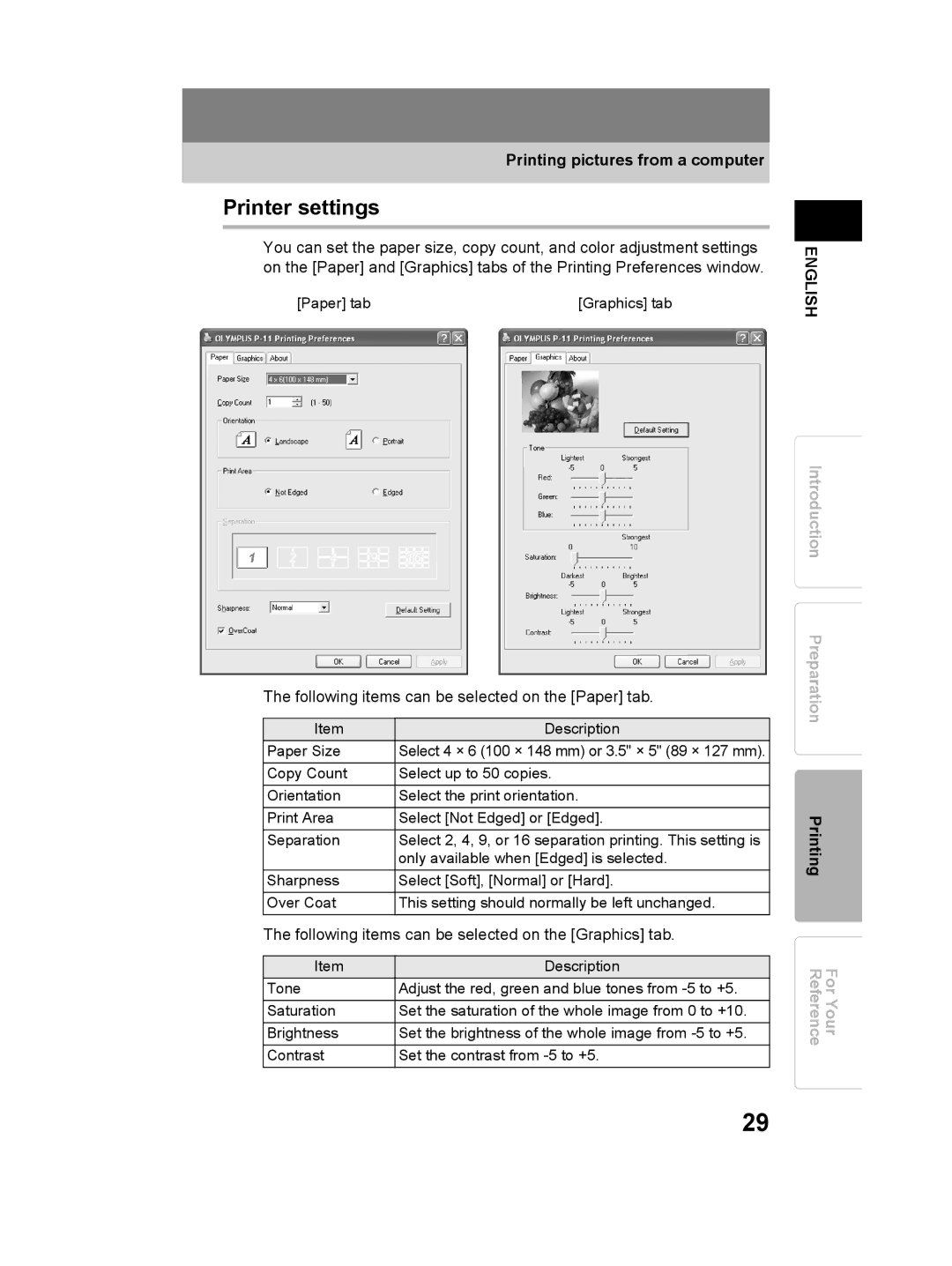 Olympus P-11 instruction manual Printer settings, Following items can be selected on the Paper tab 