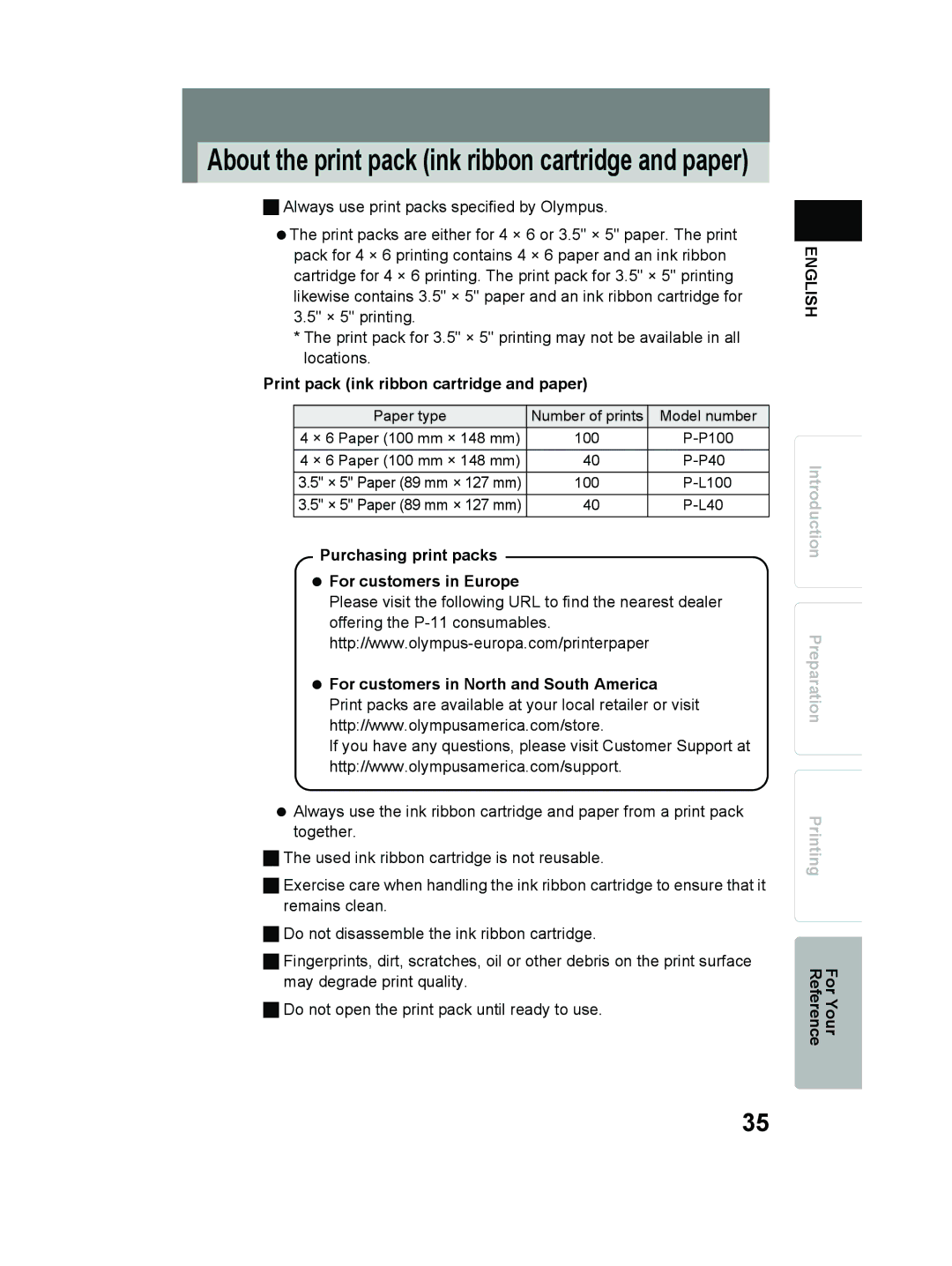 Olympus P-11 About the print pack ink ribbon cartridge and paper, Print pack ink ribbon cartridge and paper 