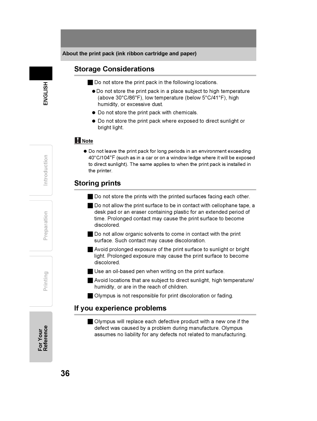 Olympus P-11 instruction manual Storage Considerations, Storing prints, If you experience problems 