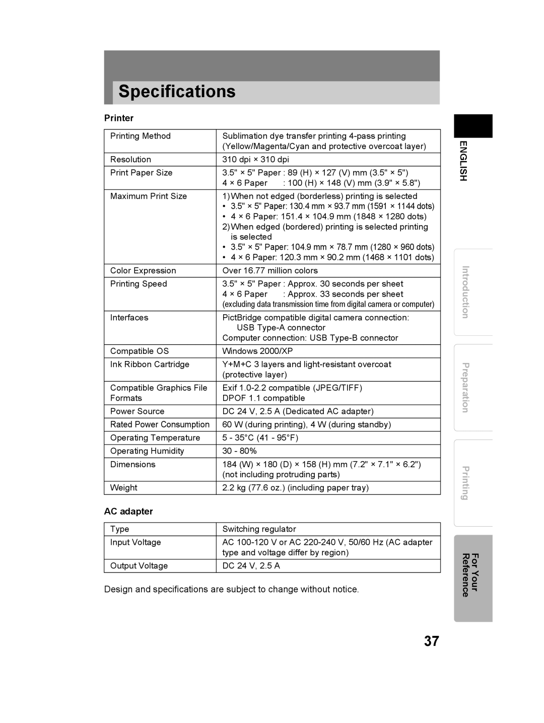 Olympus P-11 instruction manual Specifications, Printer, AC adapter 